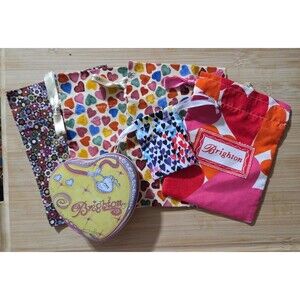 Brighton Drawstring Fabric Jewelry Pouch  Gift Bag Hearts 5 Bags + Heart Tin